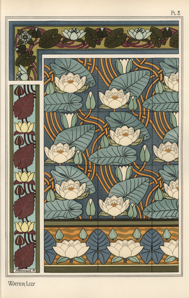 Lilia wodna, Nelumbo lutea, w tapetach i wzorach płytek autorstwa Eugene Grasset
