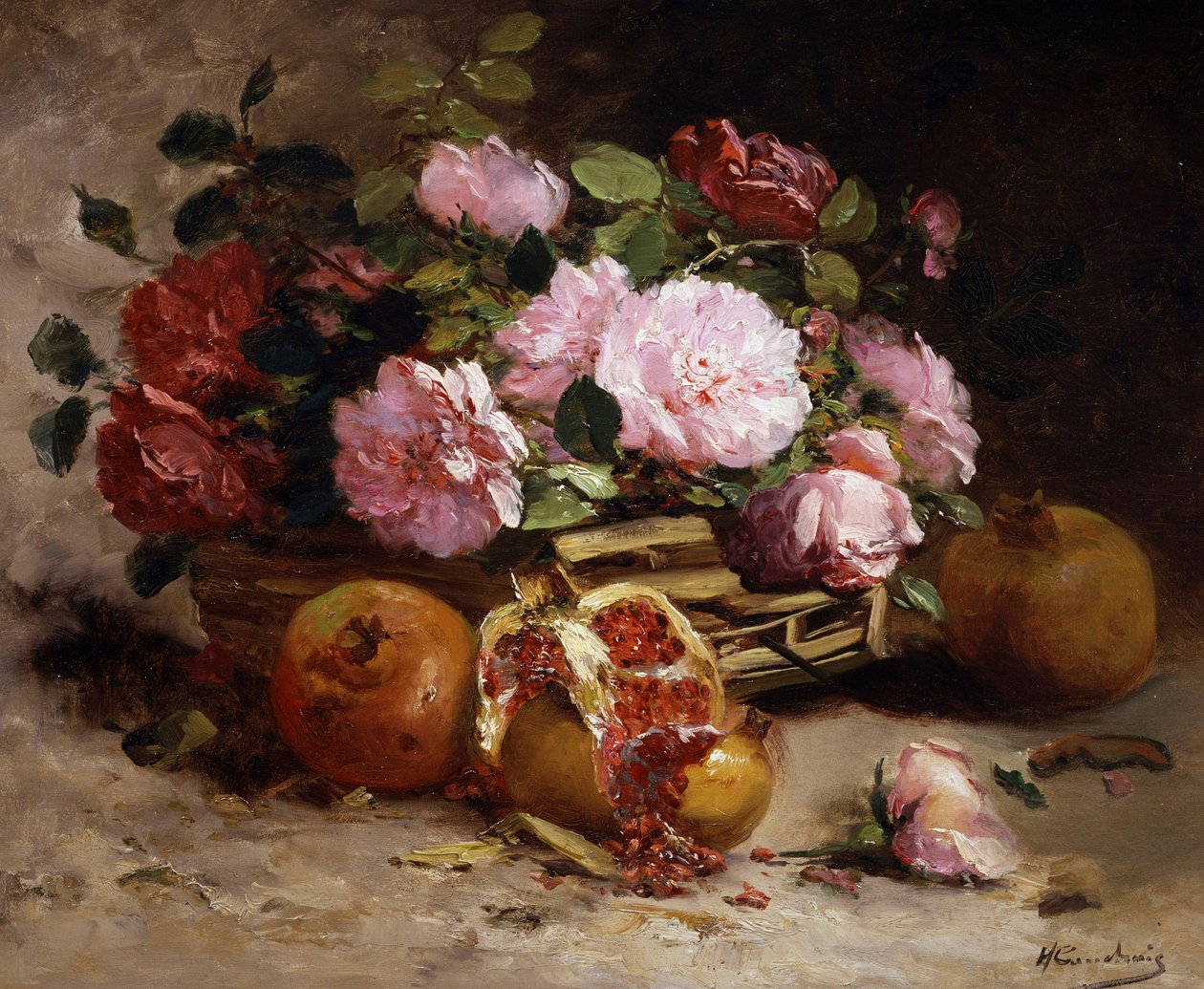 Martwa natura z róż i granatów. Obraz autorstwa Eugene Henri Cauchois (1850-1911) Kolekcja prywatna. autorstwa Eugene Henri Cauchois