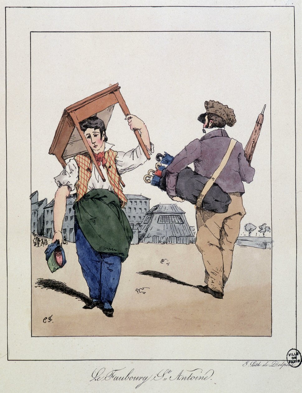 Le faubourg St Antoine: mechanik mebli i chodzący sprzedawca parasoli - w „”Souvenirs d’un loâneur”” autorstwa Eugène Forest, wyd. Delpech, Paryż, ok.1830 autorstwa Eugene Hippolyte Forest