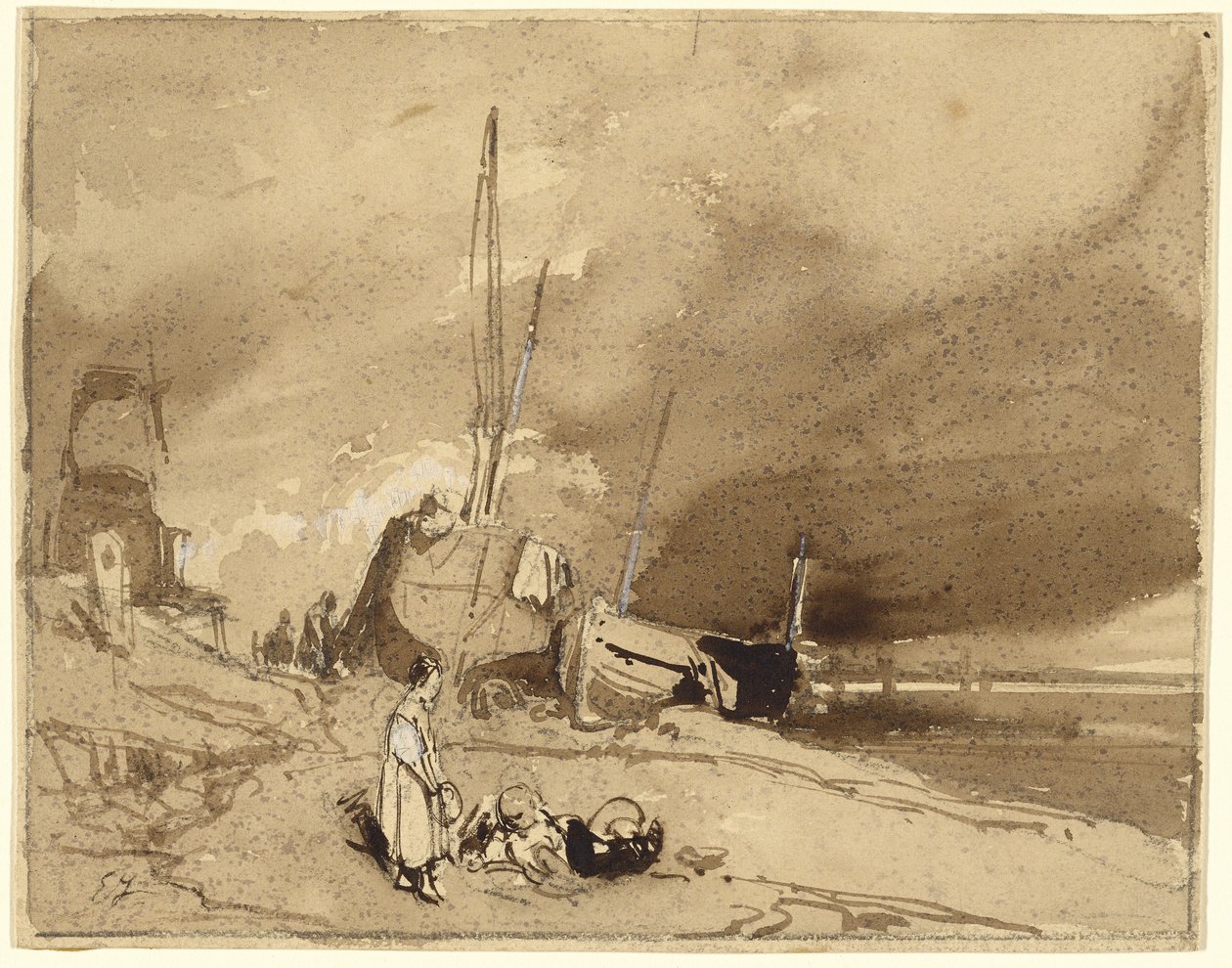 Bord de Plage (łodzie rybackie na plaży, chmury burzowe w oddali) autorstwa Eugene Isabey
