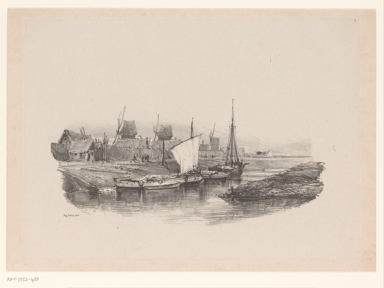Port z łodziami i wiatrakami Pokryj Kanał Wspomnienia Eugène Isabey (tytuł serii) Souvenirs d