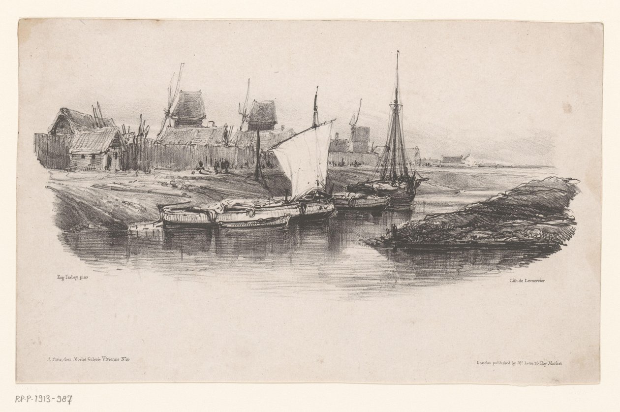 Port z łodziami i wiatrakami Pokryj Kanał Wspomnienia Eugène Isabey (tytuł serii) Souvenirs d