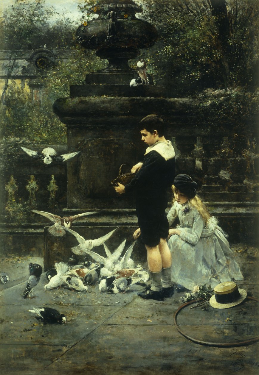 Karmienie gołębi, 1887 autorstwa Eugene Joors