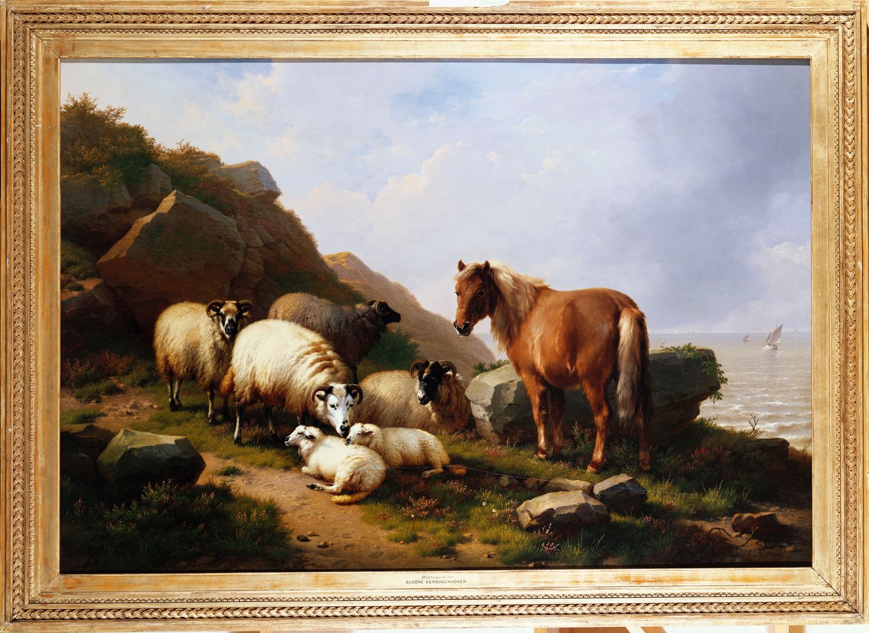 Kucyk i owca na klifie, za nim żaglowiec, 1868 autorstwa Eugene Joseph Verboeckhoven