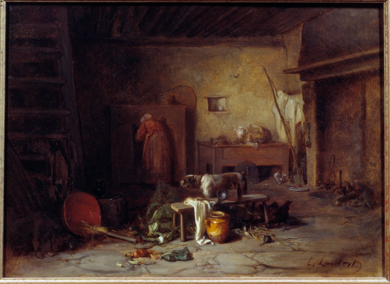 Wnętrze kuchni w Nohant Cuisine de la maison de George Sand (Aurore Dupin, Baronne Dudevant) (1804-1876) (?). obraz Eugene Lamberta (1825-1900) XIX-wieczny Paryż, Muzeum Życia Romantycznego autorstwa Eugene Lambert