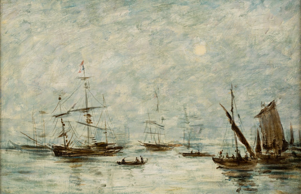 Łodzie zacumowane w porcie (olej na płótnie) autorstwa Eugene Louis (attr.to) Boudin