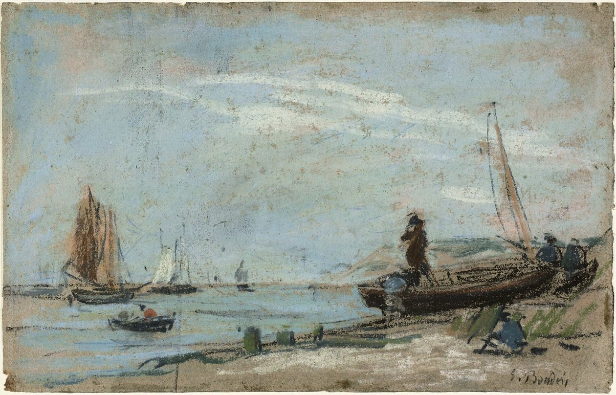 Plaża z łodziami rybackimi (rekto); Krajobraz z rolnikiem orkim pole (verso) autorstwa Eugene Louis Boudin