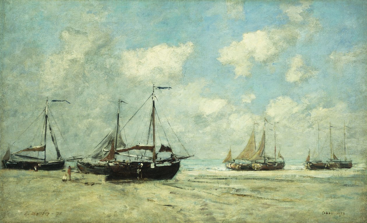Łodzie na brzegu w Scheveningen; Scheveningen, Statki opuszczone na Greve, 1875 autorstwa Eugene Louis Boudin