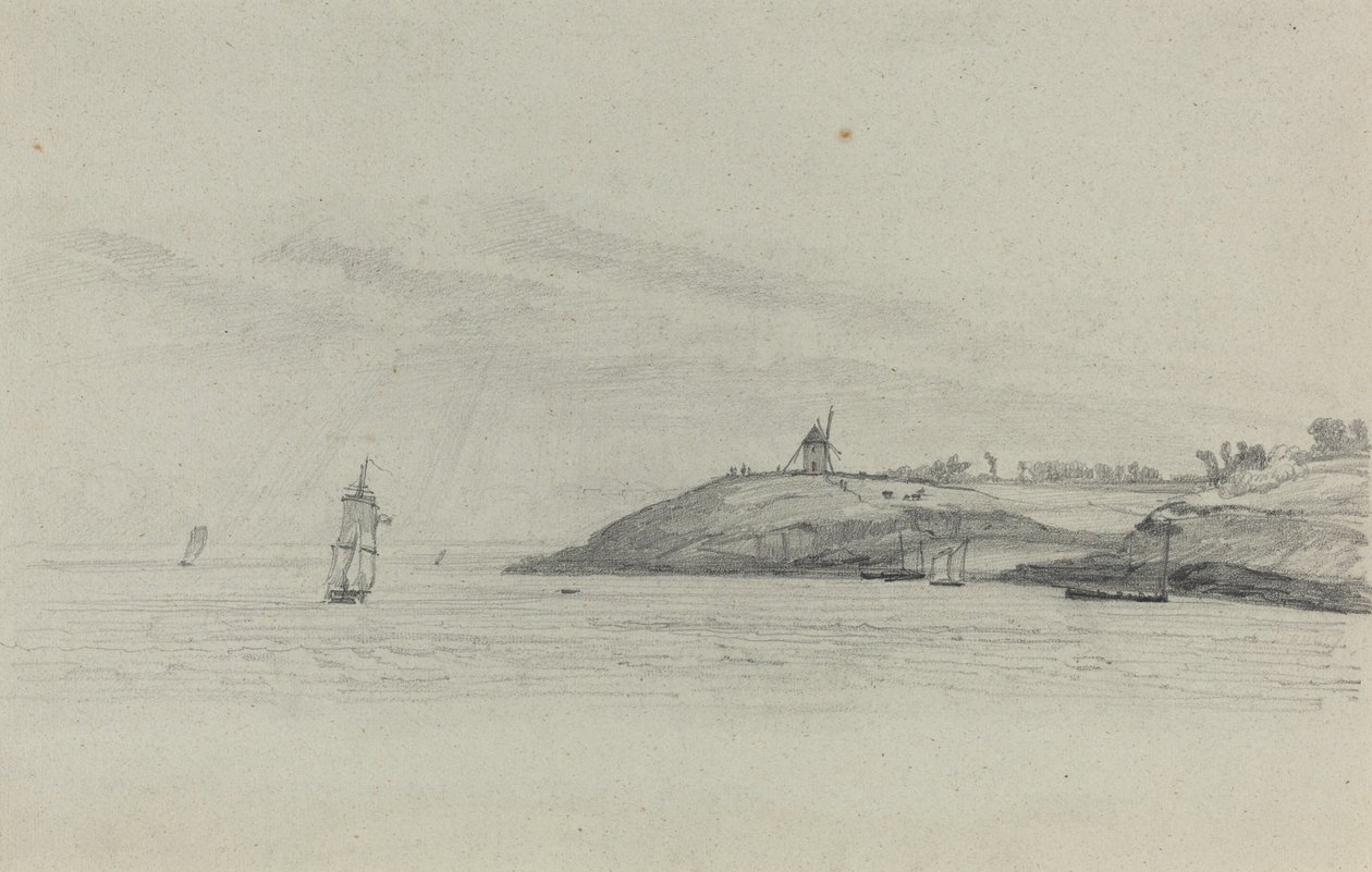 Nadmorski krajobraz z żeglugą, wiatrak w oddali, ok. 1930 r. 1858. autorstwa Eugene Louis Boudin