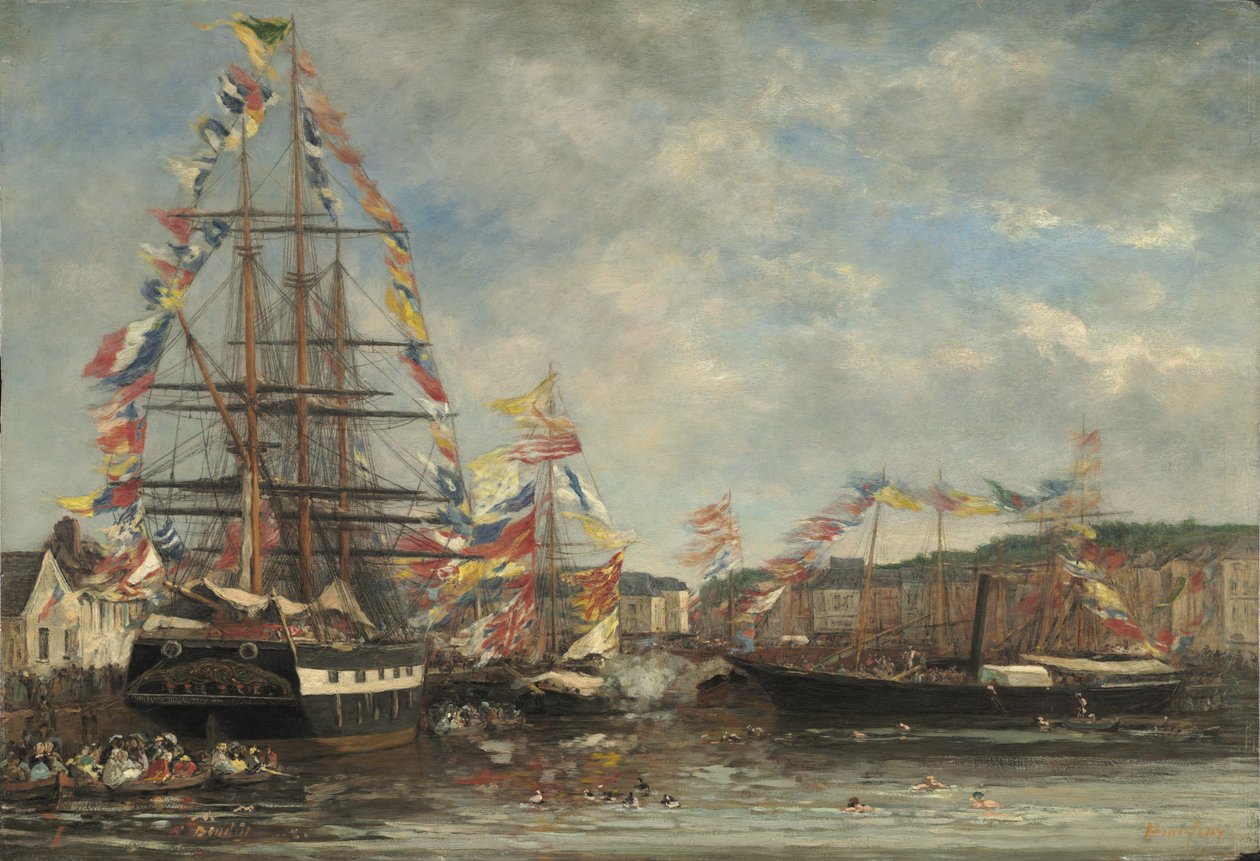 Festiwal w porcie Honfleur, 1858 (olej na drewnie) autorstwa Eugene Louis Boudin