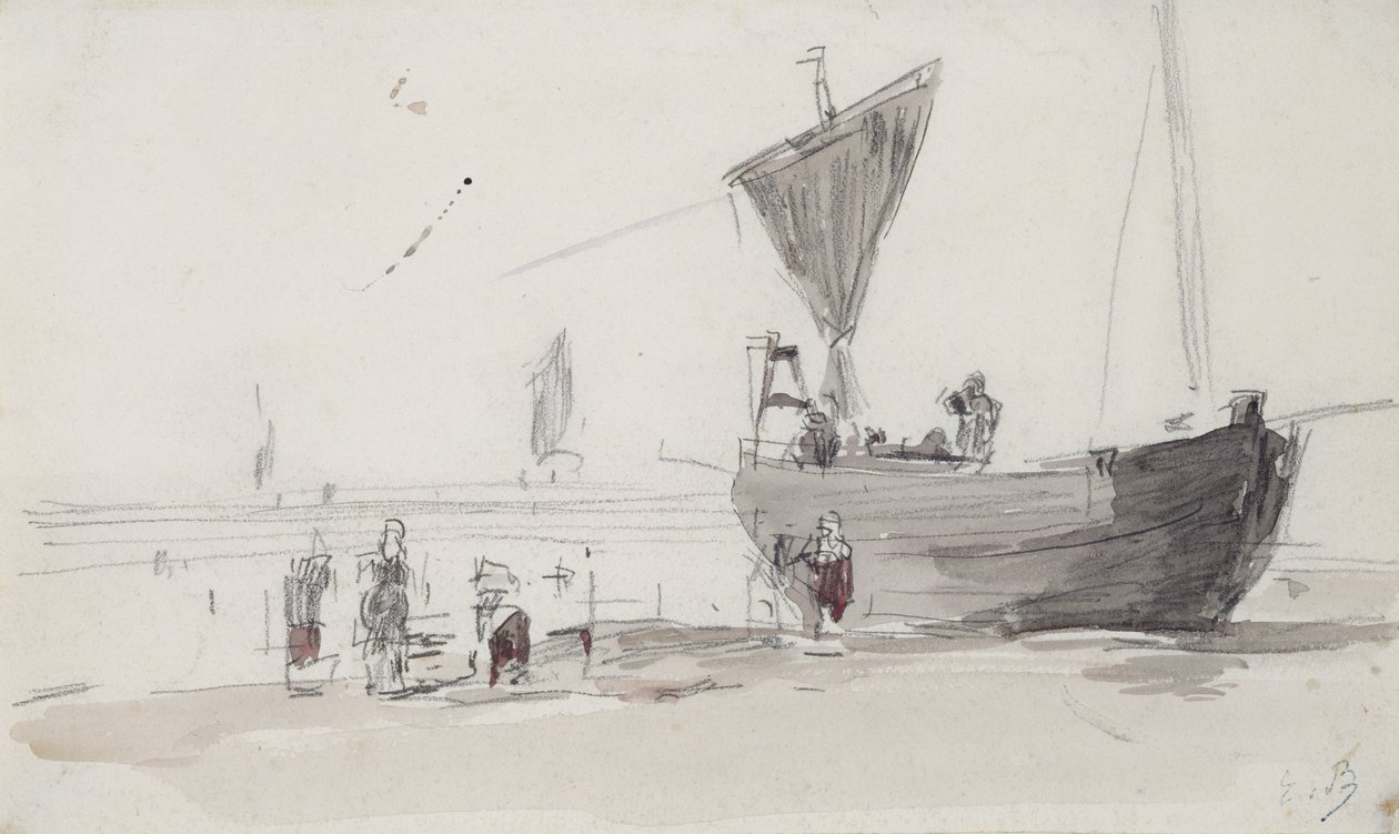 Łódź rybacka na plaży (ołówek i wc na papierze) autorstwa Eugene Louis Boudin