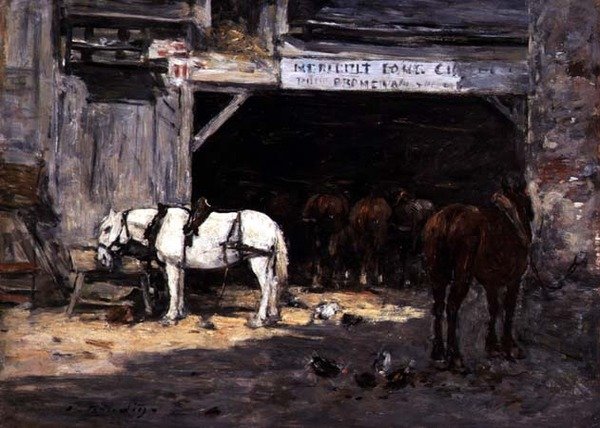 Konie do wynajęcia na podwórku, ok. 1885-90 (olej na panelu) autorstwa Eugene Louis Boudin