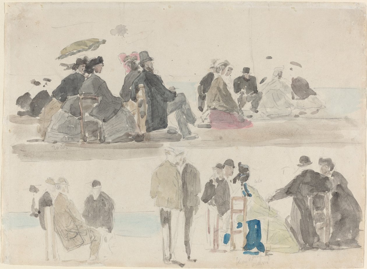 Panie i Panowie na Plaży, w Dwóch Rejestrach, ok. godz. 1865. autorstwa Eugene Louis Boudin