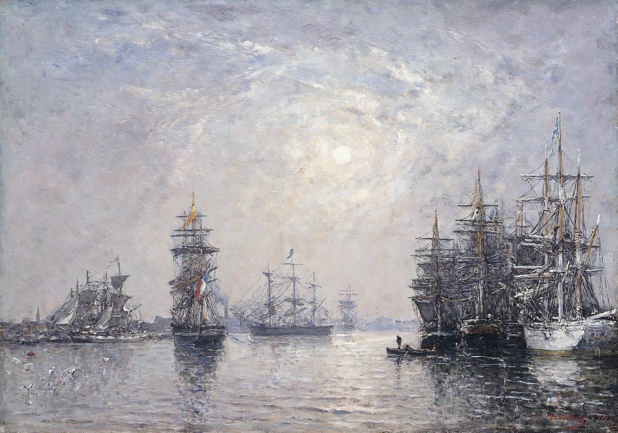 Le Havre, Eure Basin, żaglówki na kotwicy, zachód słońca; Le Havre, Eure Basin, żaglówki na kotwicy, zachodzące słońce, 1870 autorstwa Eugene Louis Boudin