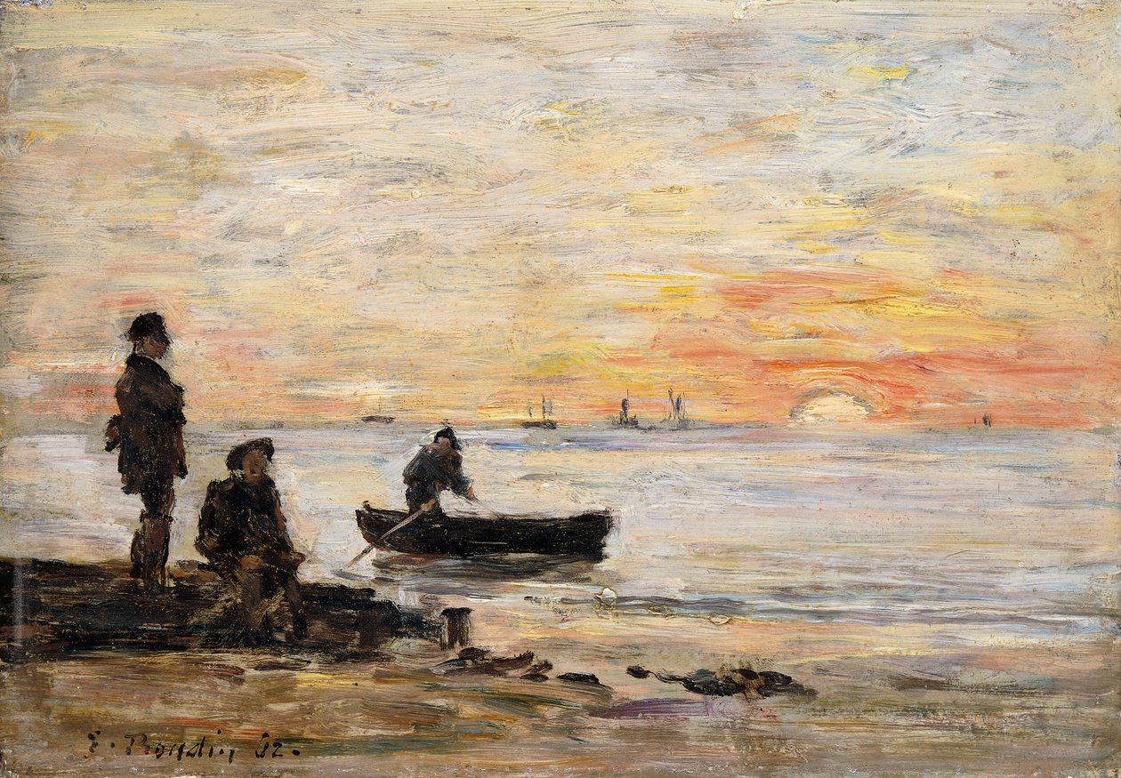 Odpływ - brzeg i rybacy o zachodzie słońca; Odpływ – brzeg i rybacy o zachodzie słońca, 1862 autorstwa Eugene Louis Boudin