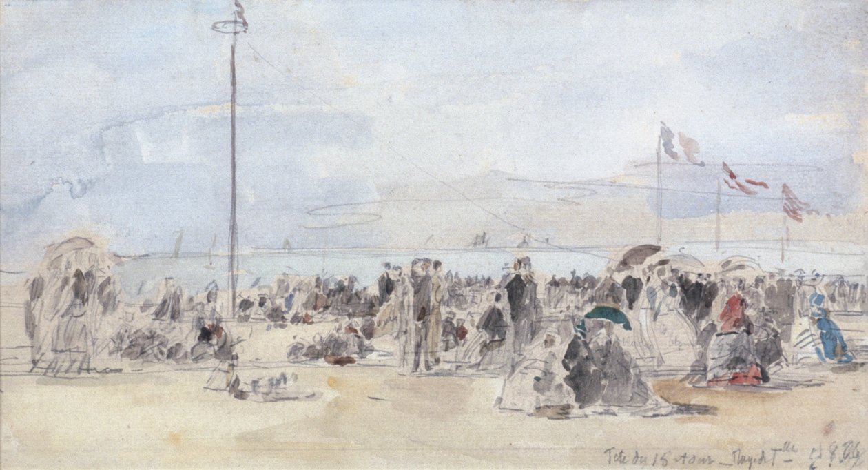 People on the Beach, Trouville, 1866 (toaleta i grafit na papierze) autorstwa Eugene Louis Boudin