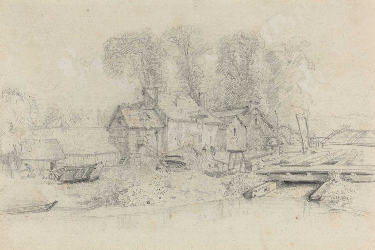 Krajobraz rzeczny z budynkami, łodziami i figurami, 1858. autorstwa Eugene Louis Boudin