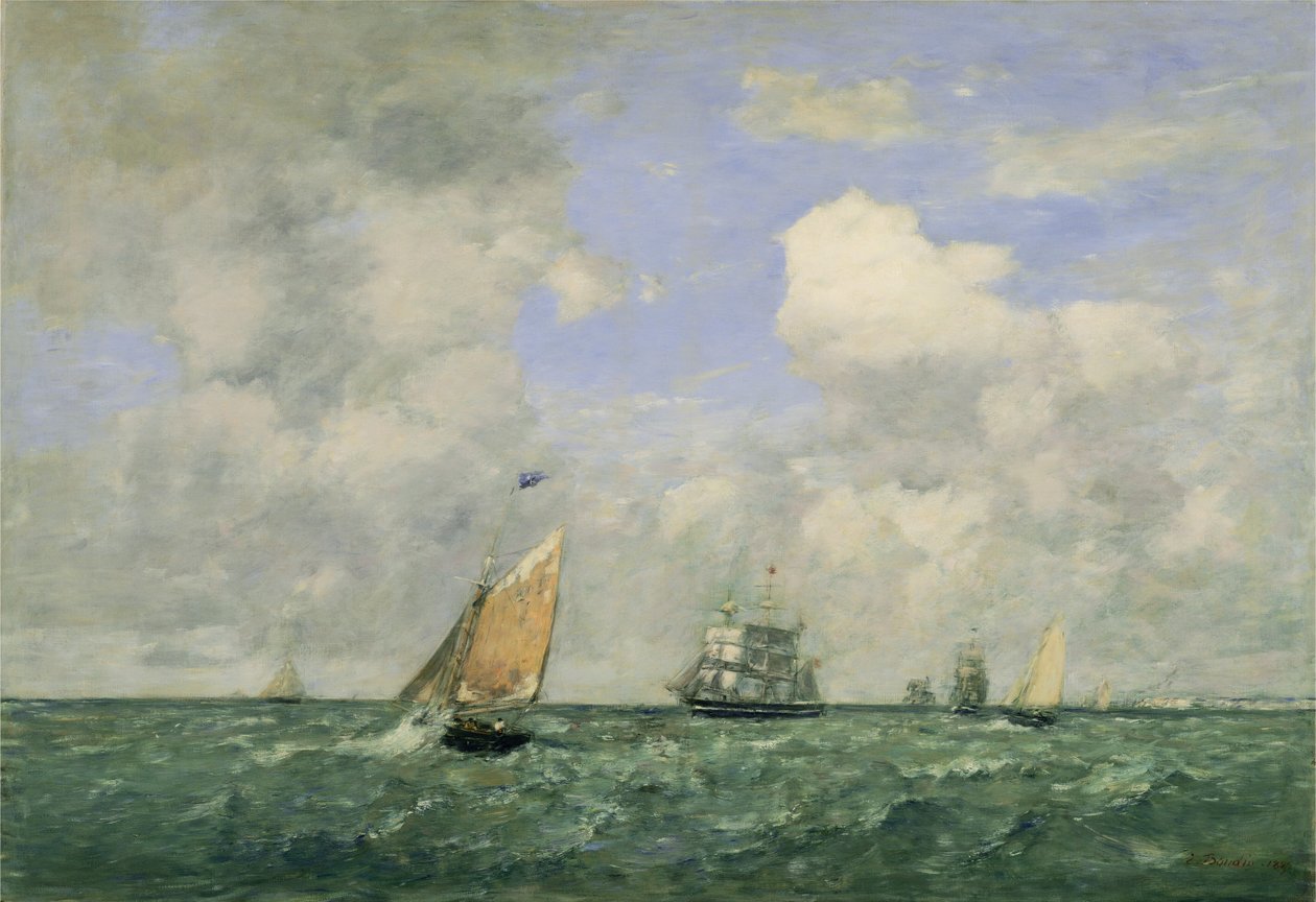 Statki i żaglówki opuszczające Le Havre, 1887. autorstwa Eugene Louis Boudin