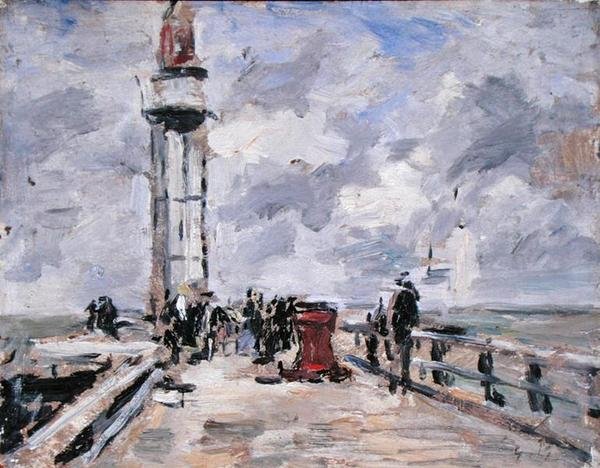 Molo i latarnia morska w Honfleur, ok. 1885-90 (olej na panelu) autorstwa Eugene Louis Boudin
