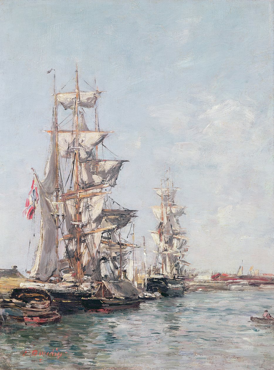 Łodzie trójmasztowe przy nabrzeżu w porcie Deauville, ok. 1888-89 r. autorstwa Eugene Louis Boudin