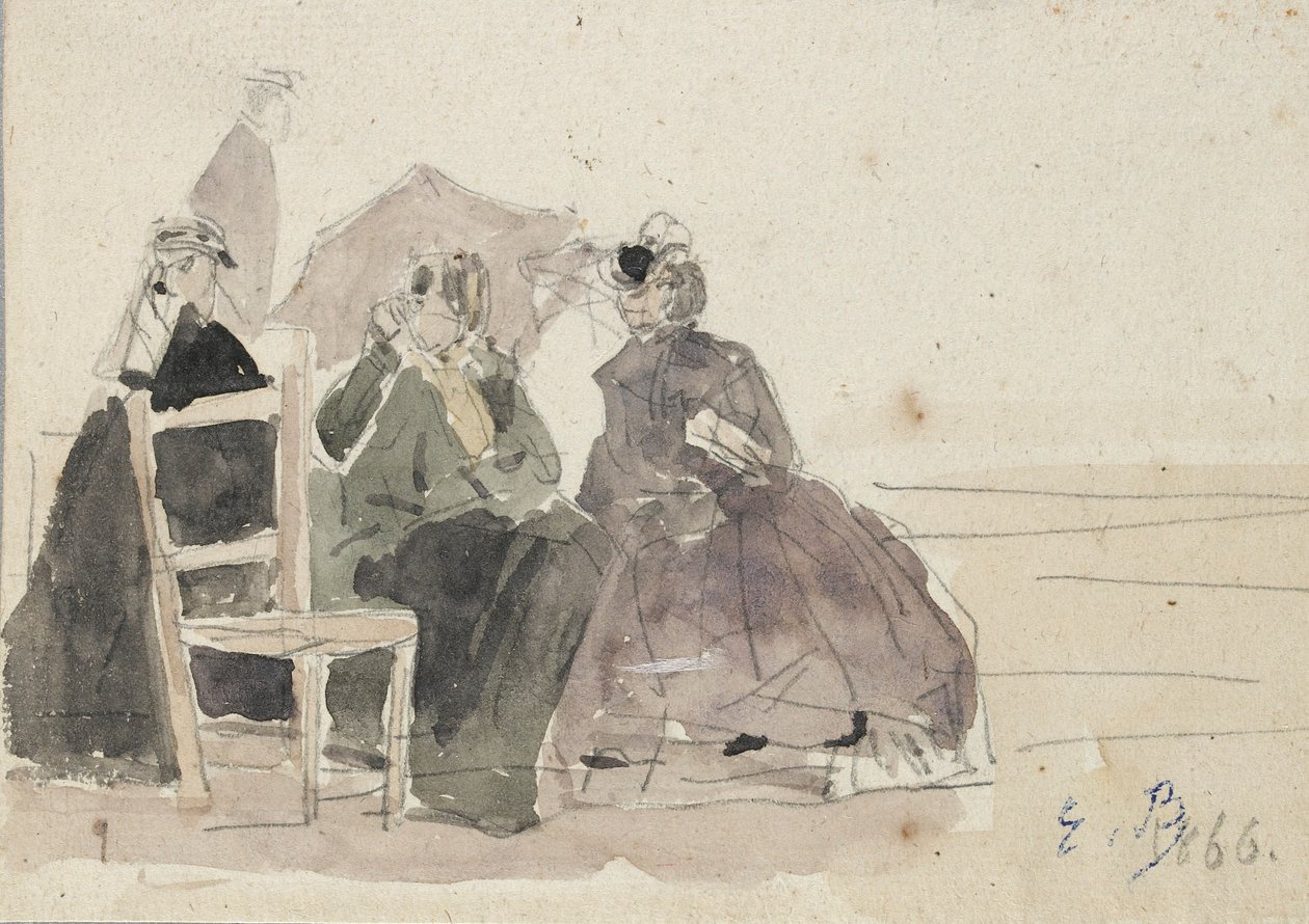 Trzy kobiety siedzące na krzesłach na plaży, koniec XIX wieku autorstwa Eugene Louis Boudin
