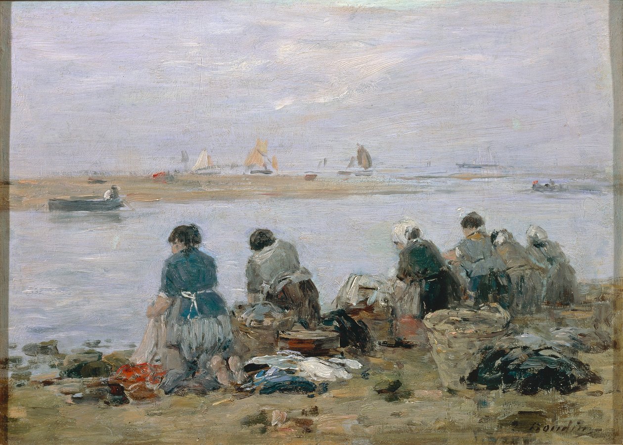 Praczki nad brzegiem rzeki Touques w pobliżu Trouville, Eugene Boudin, obraz autorstwa Eugene Louis Boudin