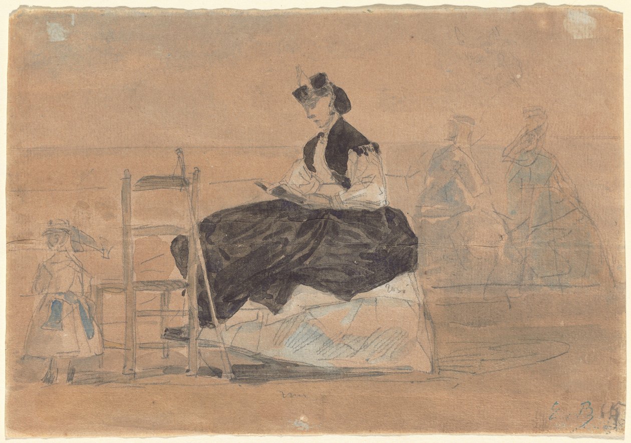 Kobieta w krynolinie na plaży Trouville, ok. 1930 r. 1865. autorstwa Eugene Louis Boudin
