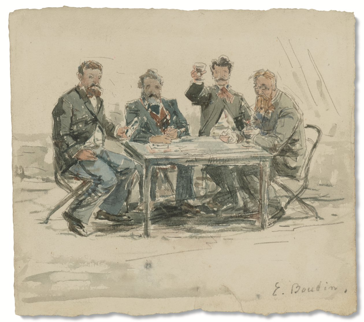 Na farmie Saint-Siméon (Jongkind, Émile van Marcke, Claude Monet i „ojciec Achard”), ok. 1867 (akwarela i ołówek na papierze) autorstwa Eugene Louis Boudin