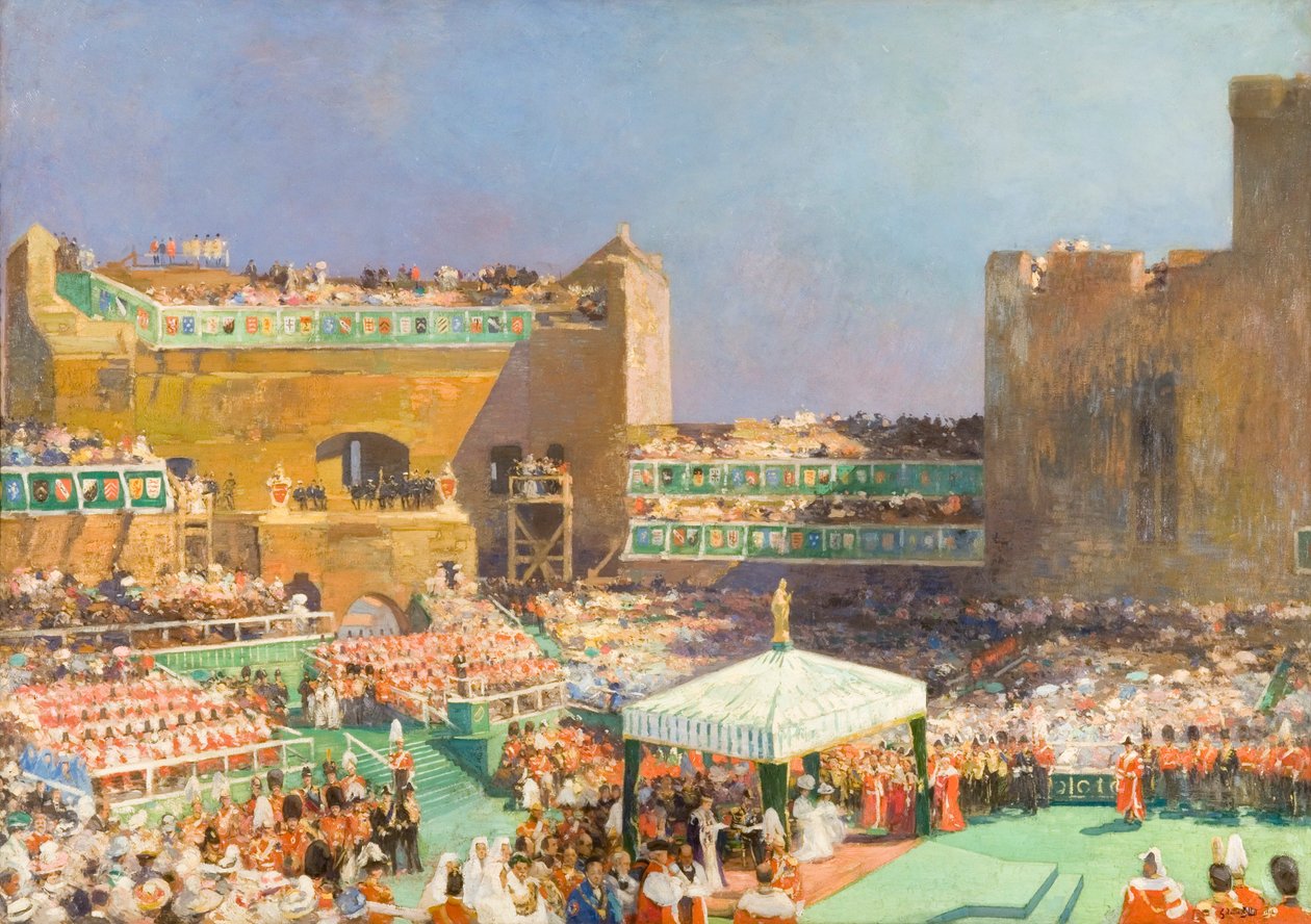 „Inwestycja księcia Walii w Caernarvon”, 1912 autorstwa Eugene Louis Gillot