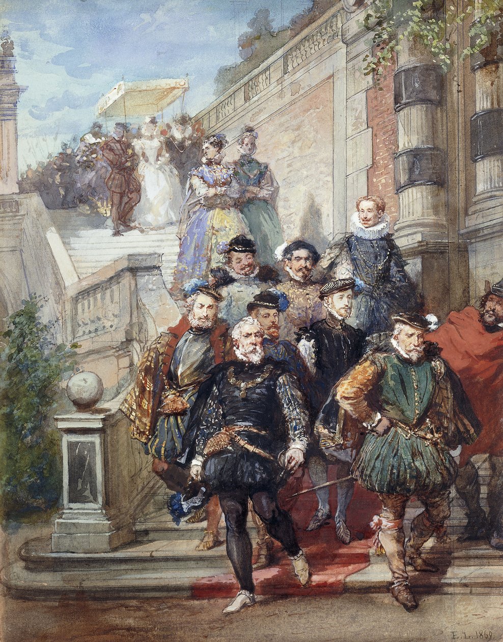 Procesja królewska schodząca po schodach w ogrodzie, 1869 autorstwa Eugene Louis Lami