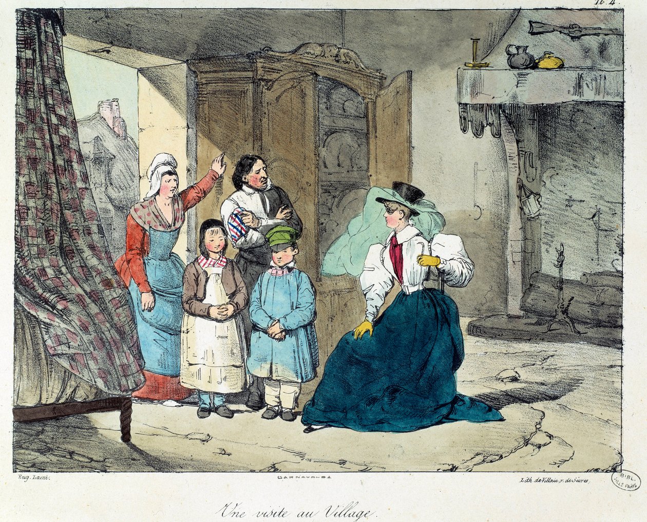Wizyta w wiosce. Bogata kobieta odwiedza biedną rodzinę. Ilustracja do książki „La vie de chateau””. Grawerowanie Eugene Louis Lami (1800-1890) autorstwa Eugene Louis Lami