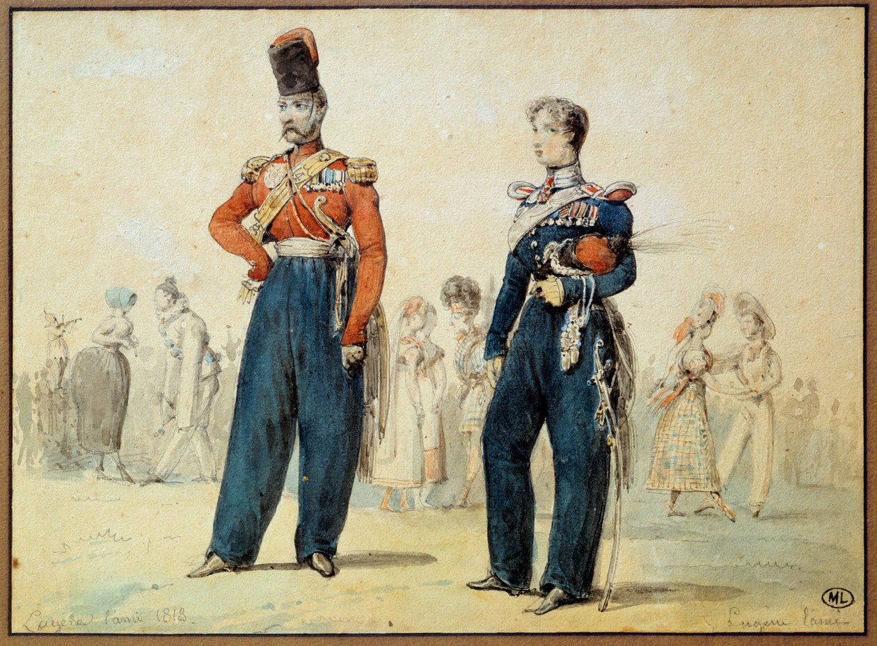 Kostium balowy: dwóch mężczyzn w mundurach wojskowych. Rysunek Eugene Louis Lami (1800-1890) XIX-wieczny Paryż, Luwr autorstwa Eugene Louis Lami