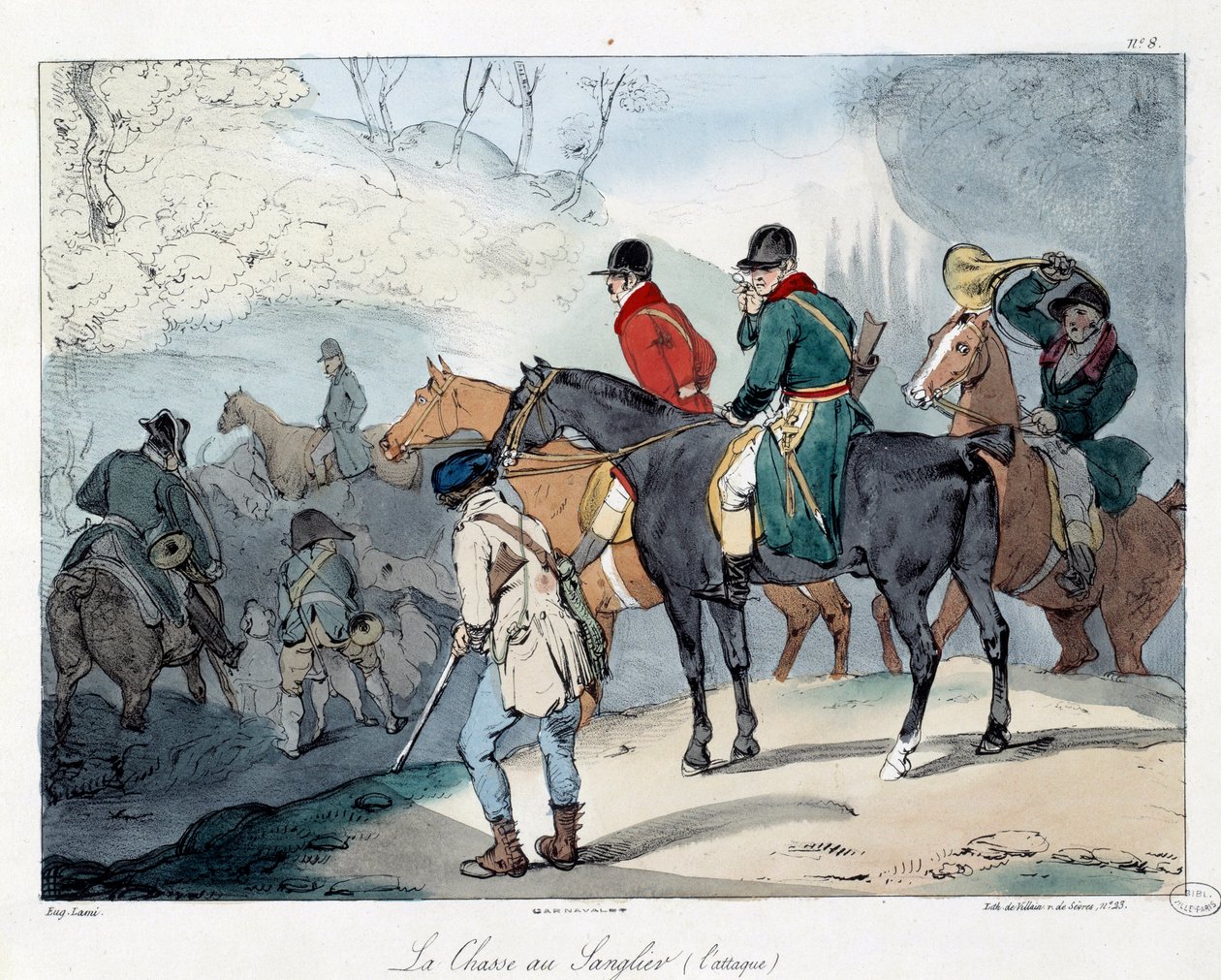 Polowanie na dzika. Ilustracja do książki „La vie de chateau””. Grawerowanie Eugene Louis Lami (1800-1890) autorstwa Eugene Louis Lami