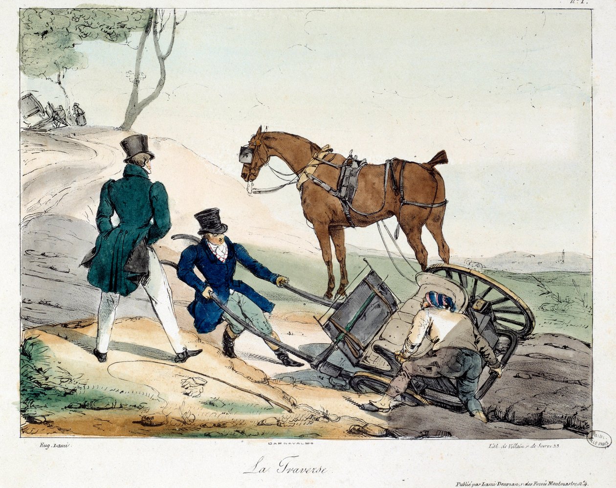 Wypadek wagonowy spowodowany przez kolej. Ilustracja do książki „La vie de chateau””. Grawerowanie Eugene Louis Lami (1800-1890) autorstwa Eugene Louis Lami