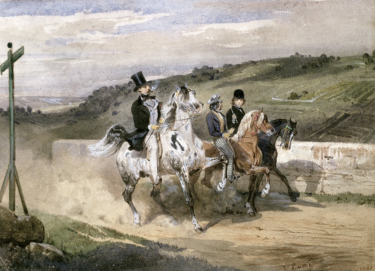 Horace Vernet i jego dzieci jeżdżące na wsi autorstwa Eugene Louis Lami