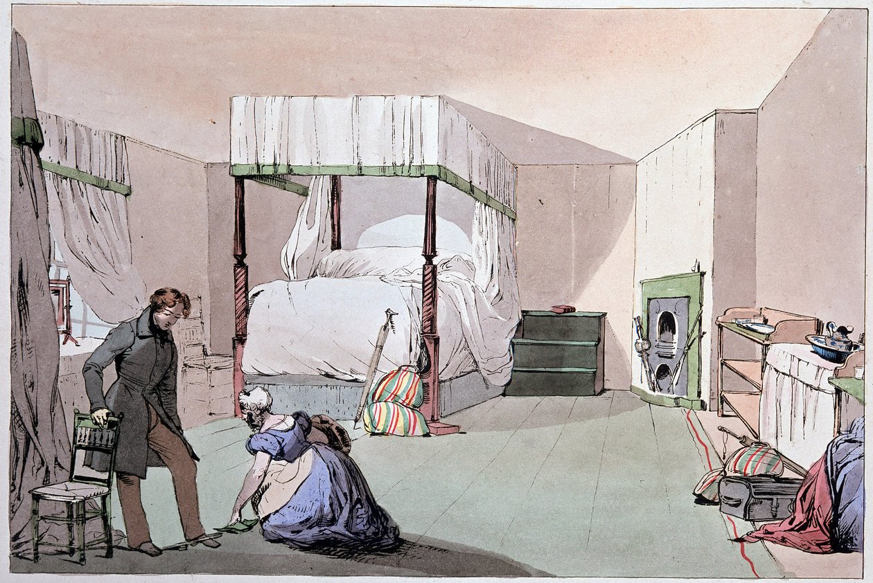 Hostel: służący pomagający klientowi założyć buty. Ilustracja Eugene Louis Lami (1800-1890), połowa XIX wieku autorstwa Eugene Louis Lami