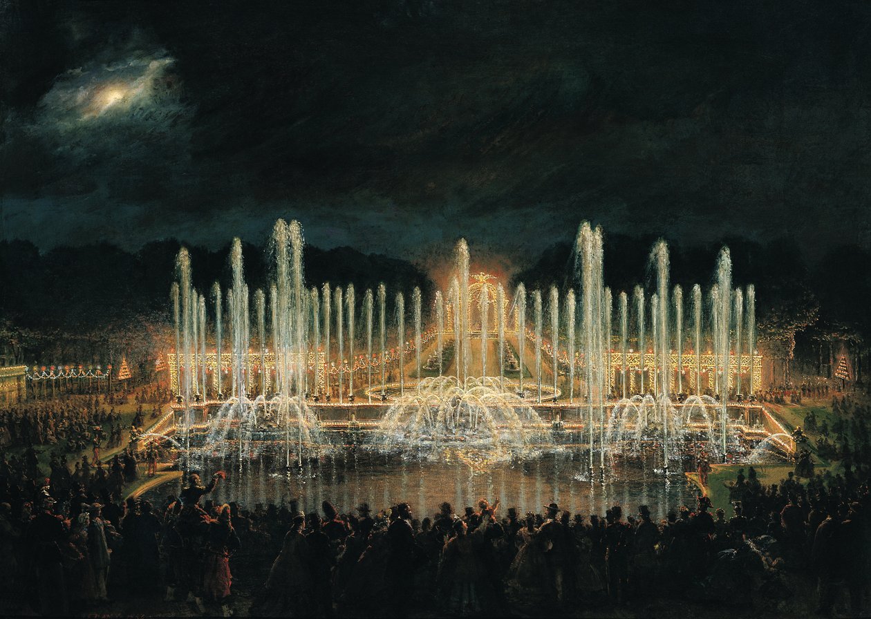 Podświetlany pokaz fontann w Bassin de Neptune na cześć księcia Francisco de Assisi de Bourbon (1822-1902) 21 sierpnia 1864 autorstwa Eugene Louis Lami