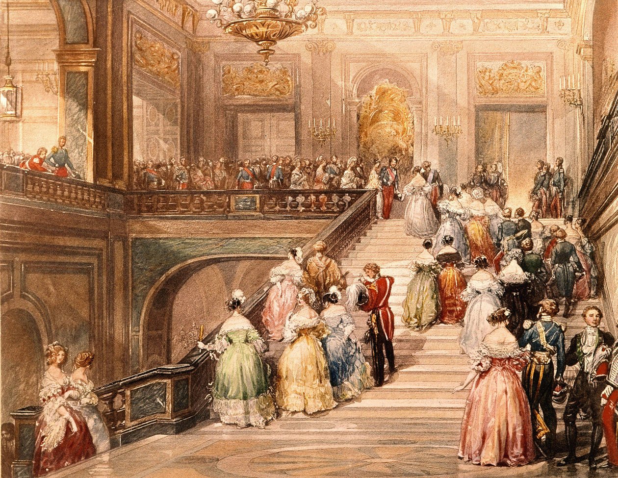 Król Ludwik Filip I (1773 - 1850) i królowa Maria Amelia de Bourbon (1782 - 1866) przyjęli gości z okazji otwarcia Muzeum Wersalskiego w 1837 roku. Ilustracja Eugène Lami (1800 - 1890). autorstwa Eugene Louis Lami