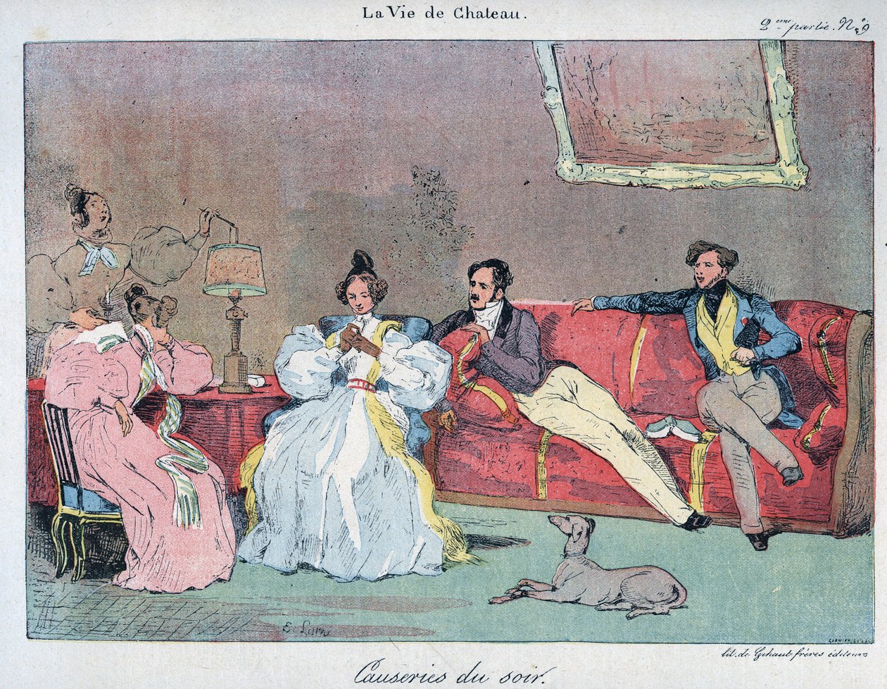La Vie de chateau - Rozmowy wieczorne - Ilustracja Eugene Lami (1800-1890) W „” LE-RIRE”” z 1885 r. autorstwa Eugene Louis Lami