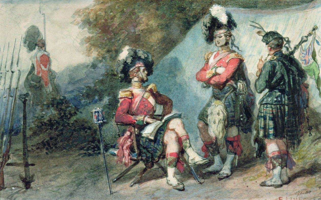 Oficerowie 79. Górali w Chobham Camp w 1853 r. autorstwa Eugene Louis Lami