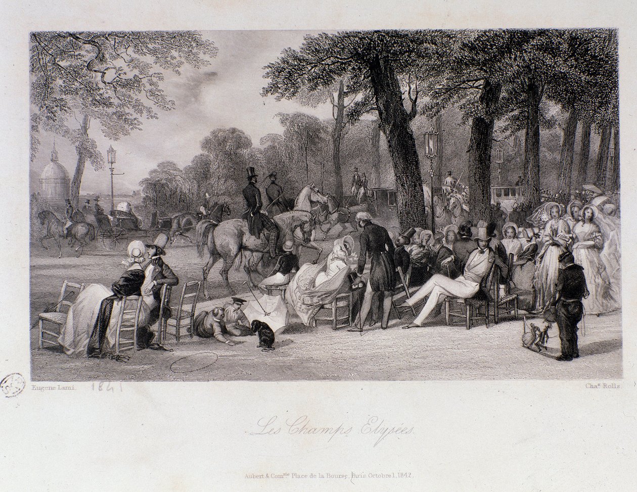 Pasażerowie i spacerowicze na Polach Elizejskich (Champs-Elysees) w Paryżu. Grawer Eugene Louis Lami (1800-1890) 1841 Kolekcja prywatna autorstwa Eugene Louis Lami