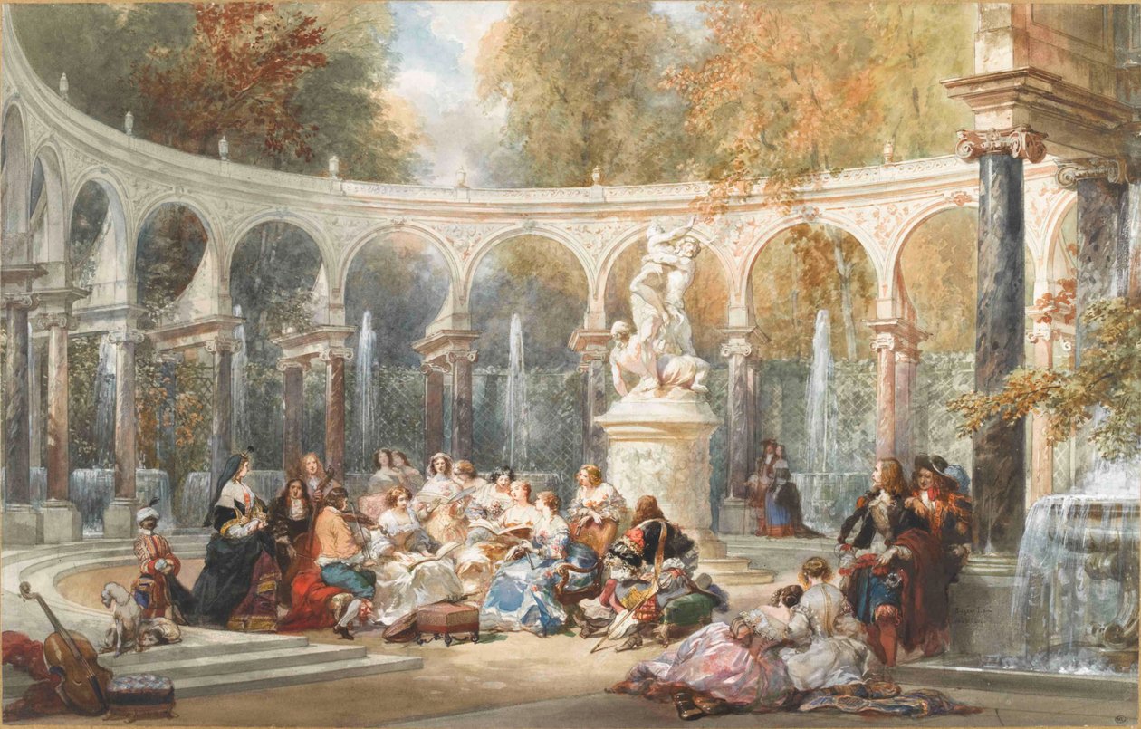 Towarzystwo przy Bosquet de la Colonnade w ogrodzie Wersalskim. autorstwa Eugene Louis Lami