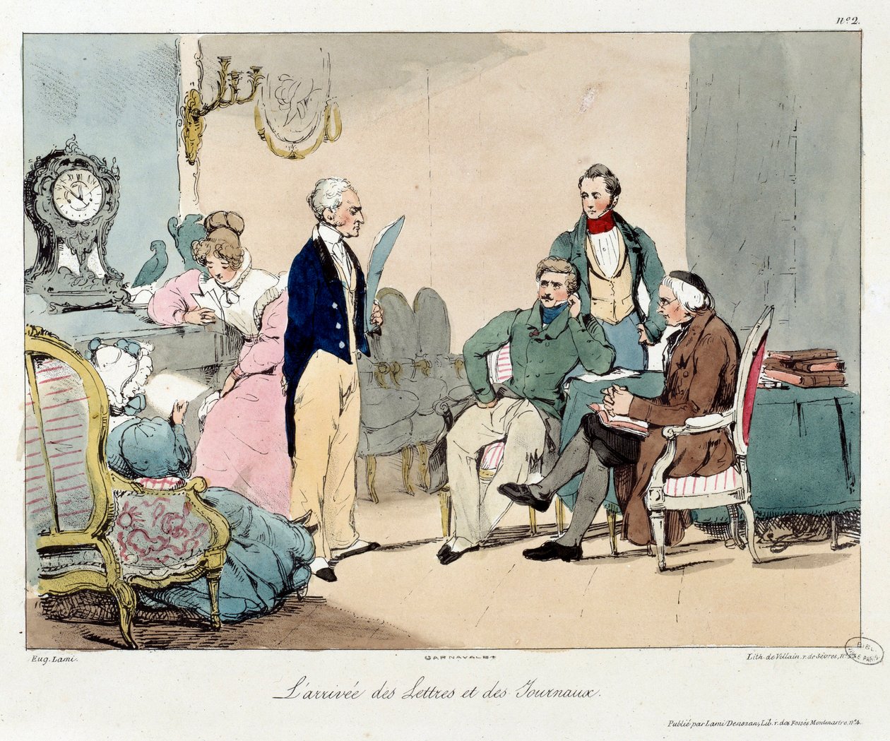 Nadejście listów i gazet. Ilustracja do książki „La vie de chateau””. Grawerowanie Eugene Louis Lami (1800-1890) autorstwa Eugene Louis Lami