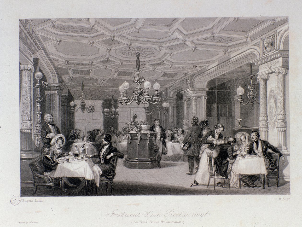 Widok wnętrza restauracji „Les trois freres progressive” w pobliżu Palais Royal w Paryżu. Grawer Eugene Louis Lami (1800-1890) 1843 Ze zbiorów prywatnych autorstwa Eugene Louis Lami