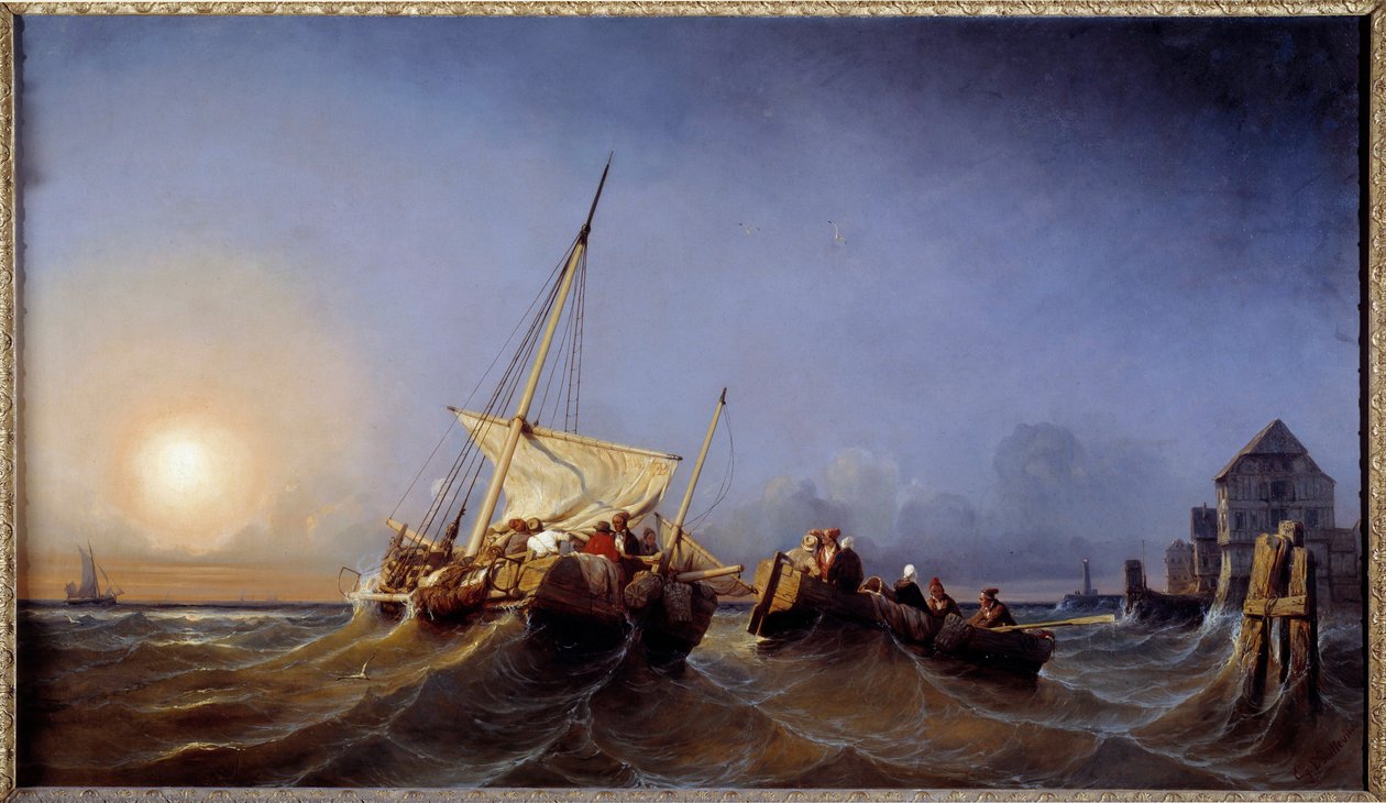 Powrót rybaków do zachodzącego słońca Obraz Eugene Lepoittevin (1806-1870) 1835 Brest, Musee des Beaux Arts autorstwa Eugene Modeste Edmond Lepoittevin