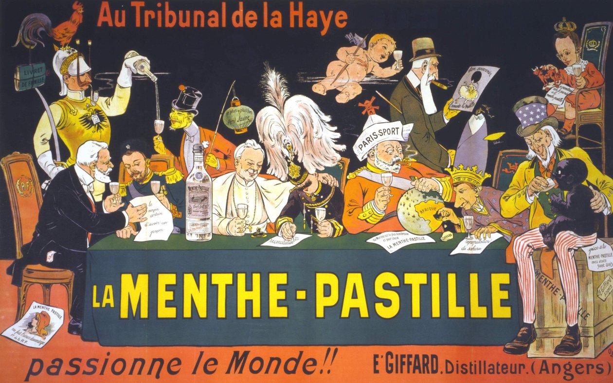 Plakat rysunkowy na Konferencji Pokojowej w Hadze w 1899 r.: „”Na dworze w Hadze miętowo-pastylka – pasjonuje świat!” Eugène Ogé (1861 - 1936) autorstwa Eugene Oge