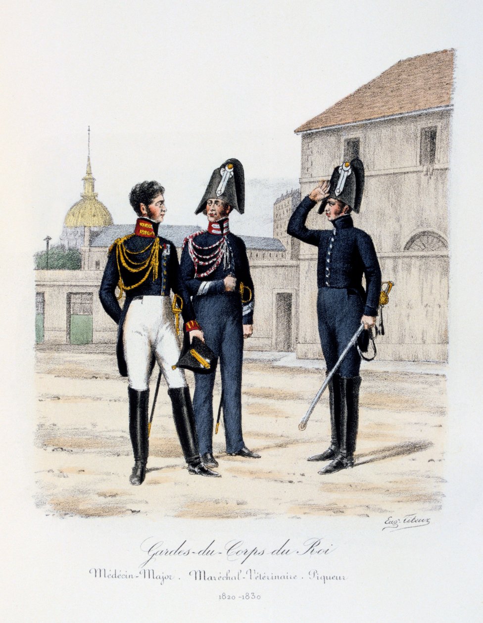 Ochroniarze króla, lekarz-major, marszałek-weterynarz i piqueur, 1820-30 autorstwa Eugene Titeux