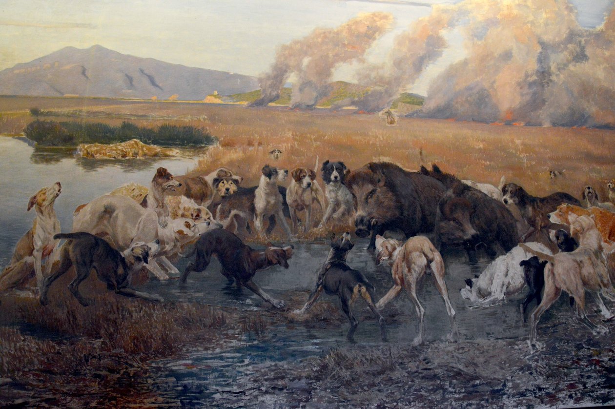 Fragment obrazu Eugenio Cecconi Polowanie na dzika w Padule di Burano w Galleria d