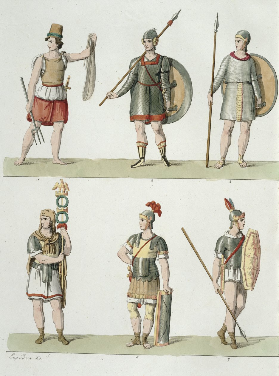 Żołnierze rzymscy, fragment z tablicy 2, klasa 5 części I Historii Narodów, rytowany przez akwatintę Buttazona patrz także 93289 autorstwa Eugenio Bosa