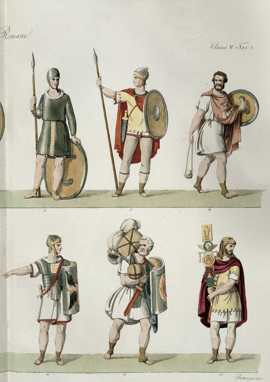 Żołnierze rzymscy, fragment z tablicy 2, klasa 5 Części I Historii Narodów, rytowany przez Buttazona (akwatinta) (patrz także 93288) autorstwa Eugenio Bosa